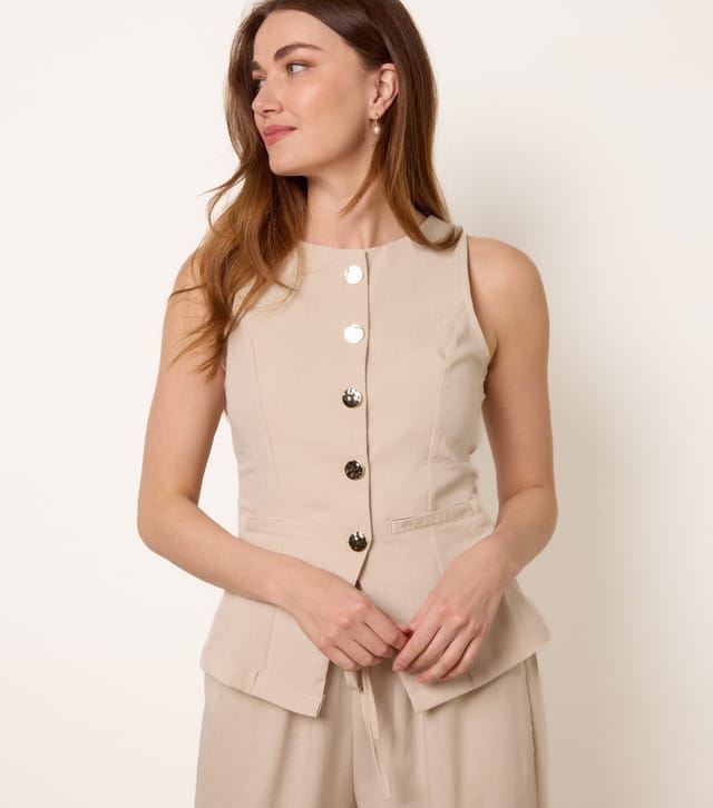 Blue Vanilla Women's Stone Button Vest and Trousers Set Blue Vanilla New Look - 2
