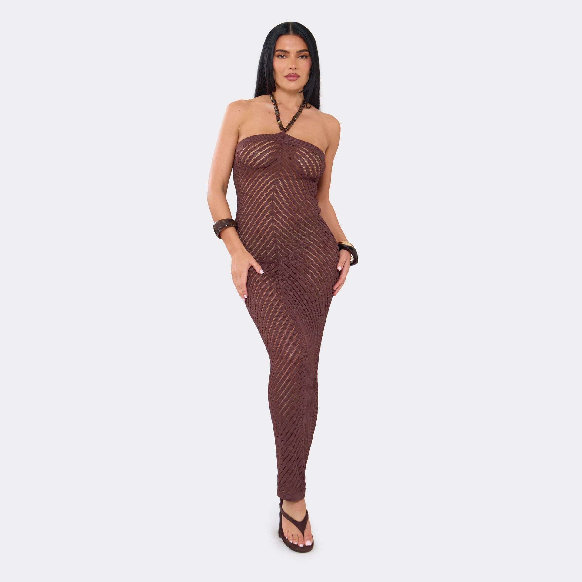 EGO Bead Halterneck Detail Maxi Dress In Chocolate Brown Knit., Women's Size UK L