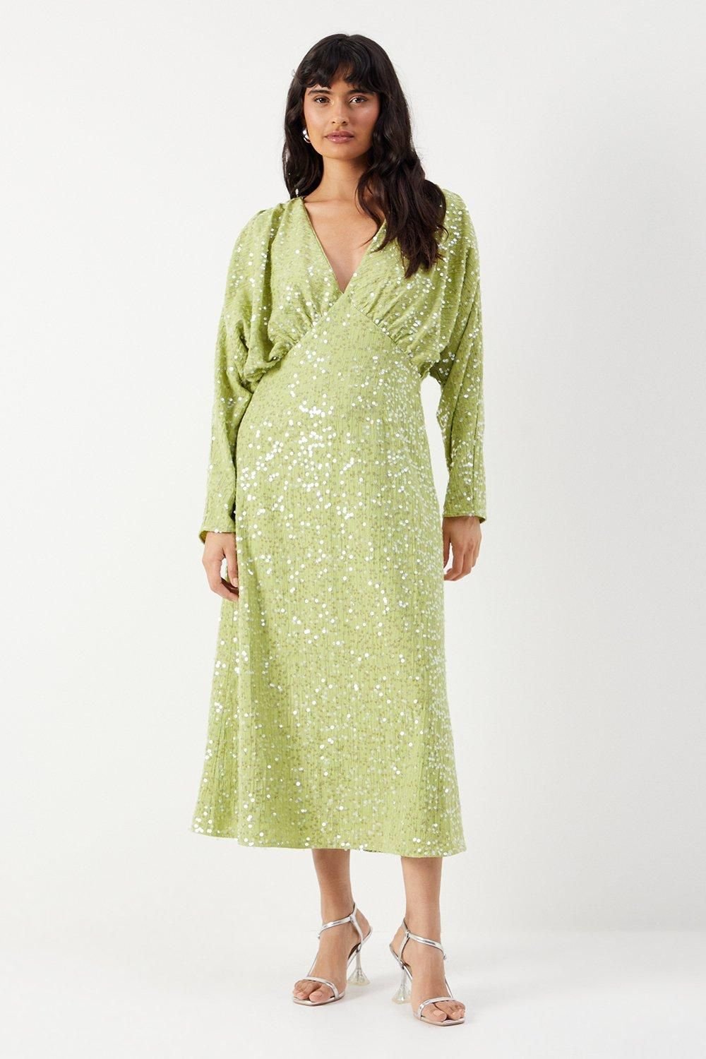 Warehouse Warehouse Women's Sequin Crinkle Batwing Plunge Neck Midi Dress in Lime - 2