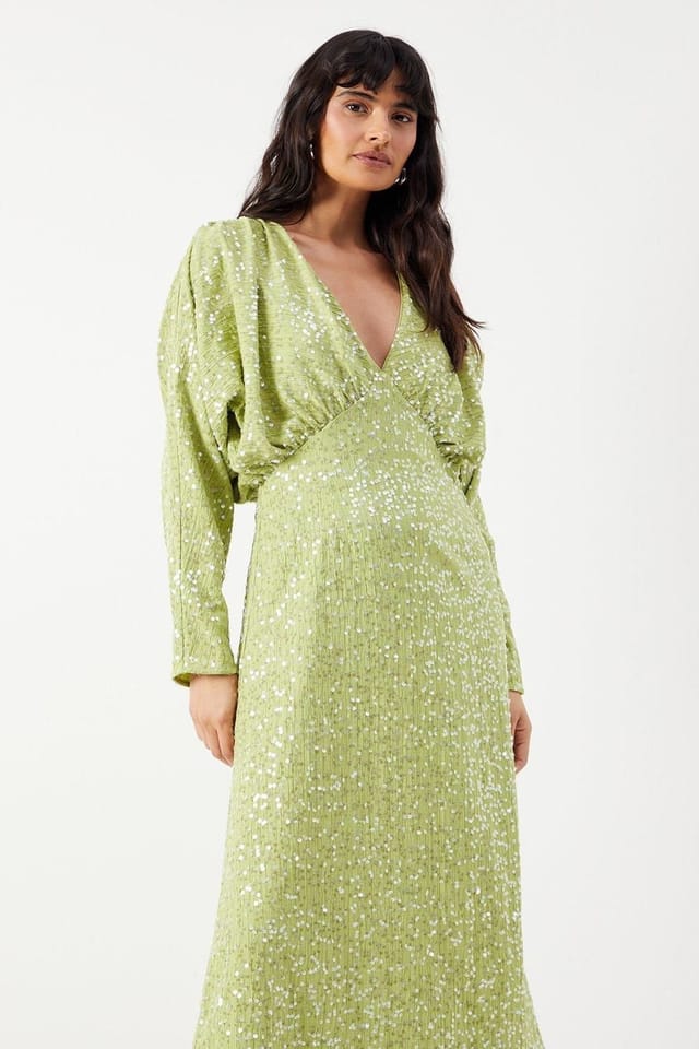 Warehouse Warehouse Women's Sequin Crinkle Batwing Plunge Neck Midi Dress in Lime - 2
