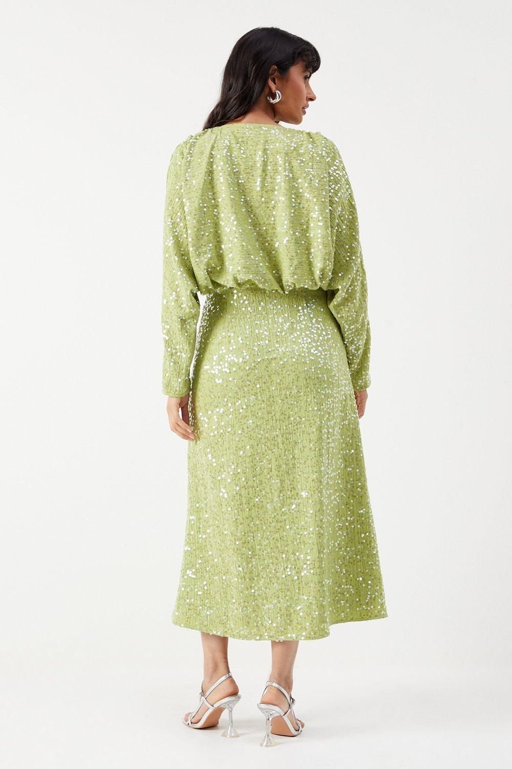 Warehouse Warehouse Women's Sequin Crinkle Batwing Plunge Neck Midi Dress in Lime - 3