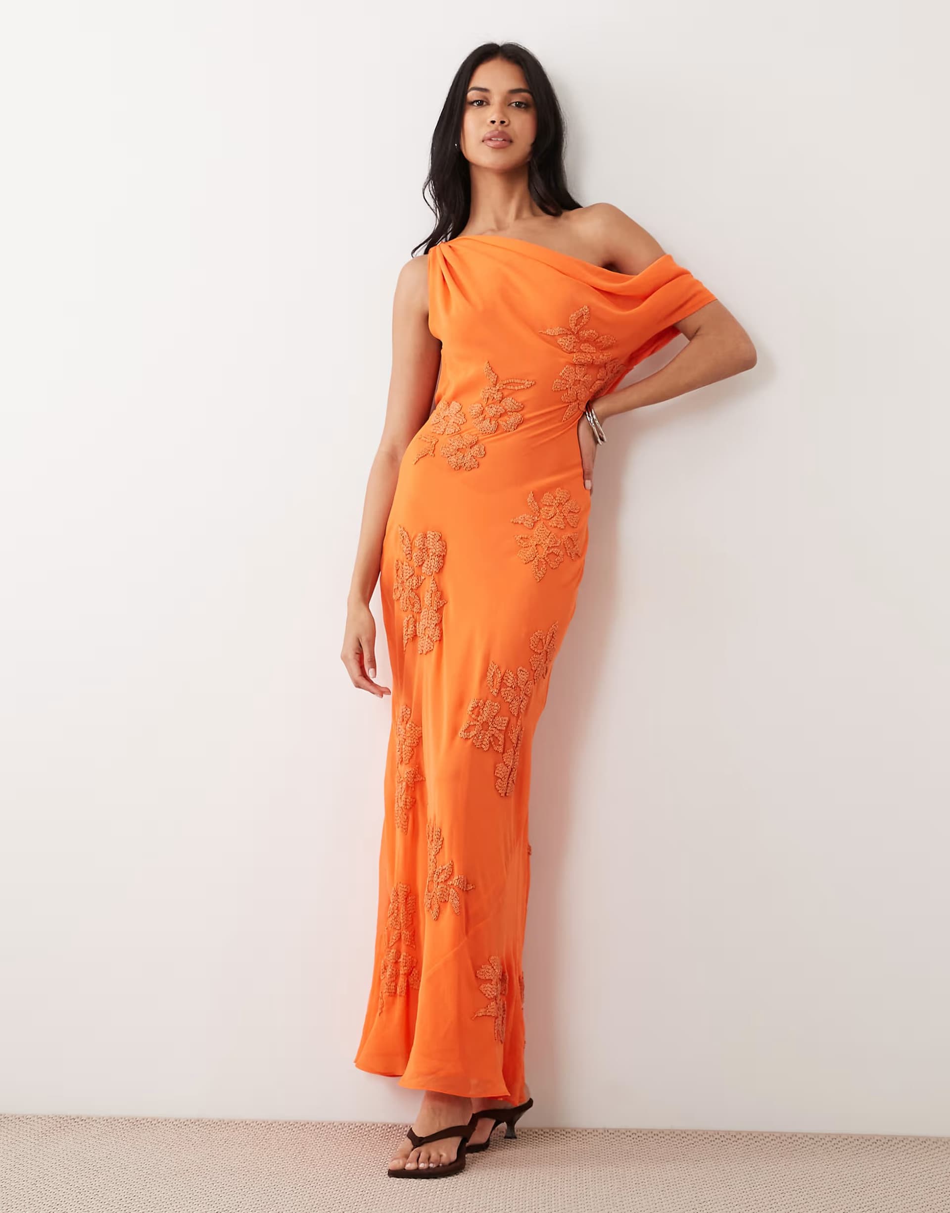 ASOS ASOS DESIGN floral embellished maxi dress with draped fallen shoulder in orange