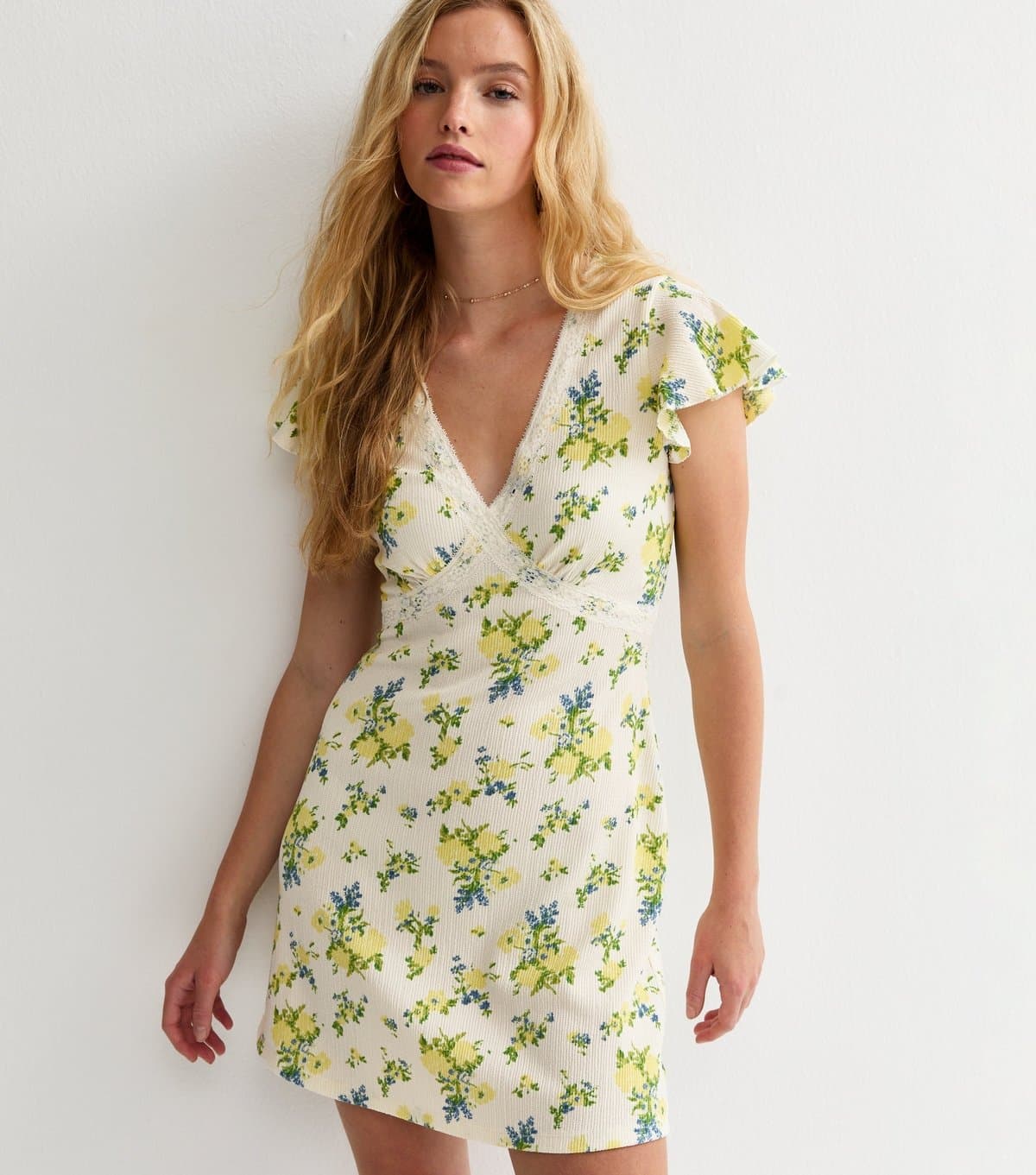 New Look Women's Yellow Floral Print Lace Trim Mini Dress New Look