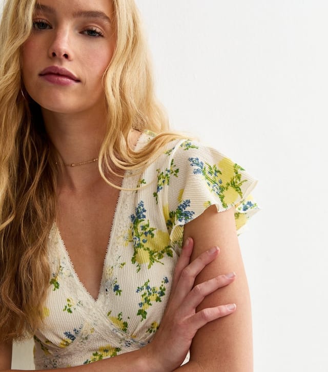 New Look Women's Yellow Floral Print Lace Trim Mini Dress New Look - 2