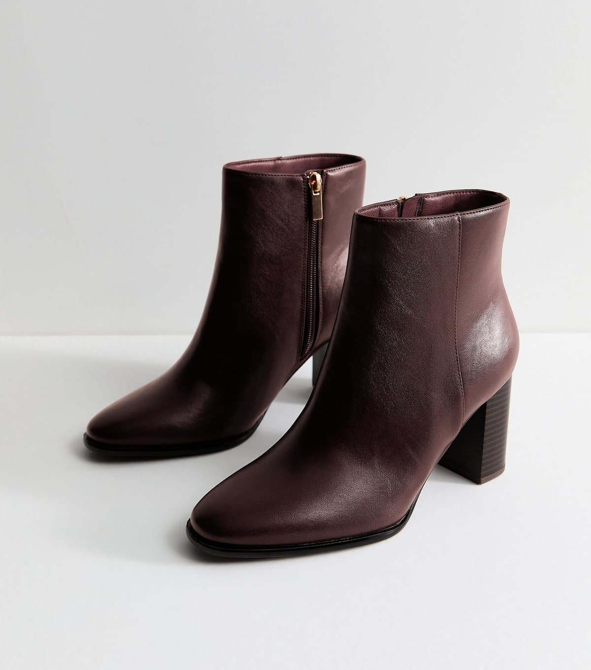 New Look Women's Dark Burgundy Faux Leather Block Heel Ankle Boots Vegan New Look