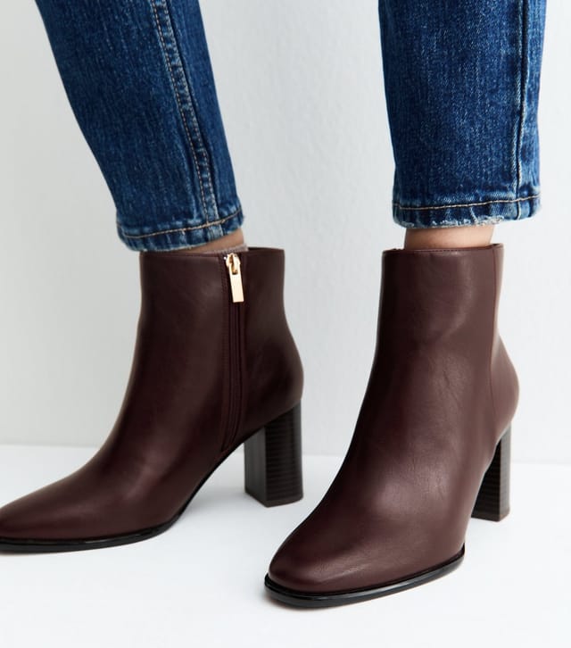 New Look Women's Dark Burgundy Faux Leather Block Heel Ankle Boots Vegan New Look - 2