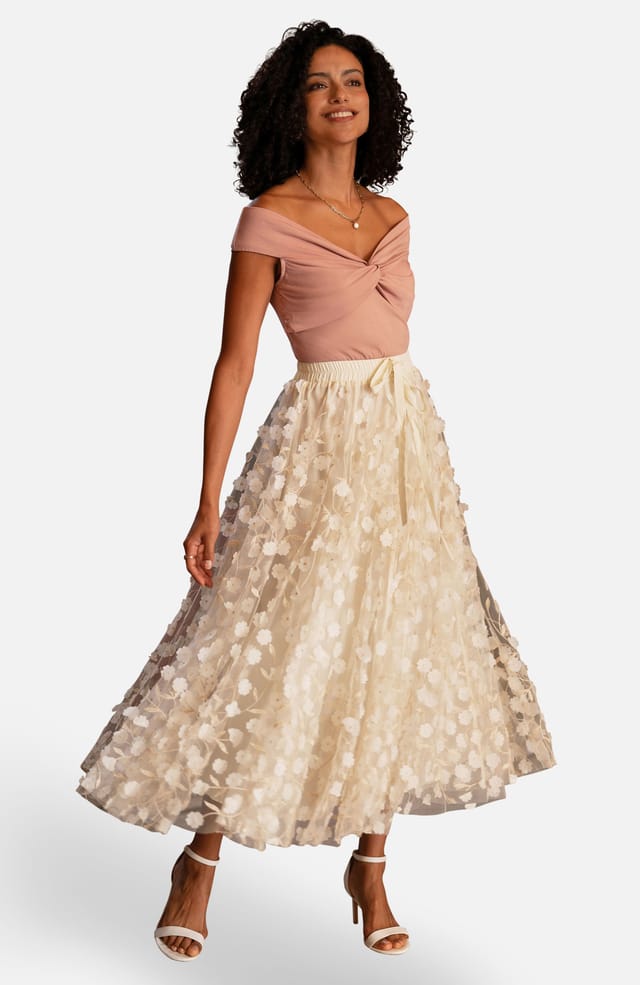Yumi Yumi Women's Ivory Mesh Floral Applique Midi Skirt in Warm White - 2