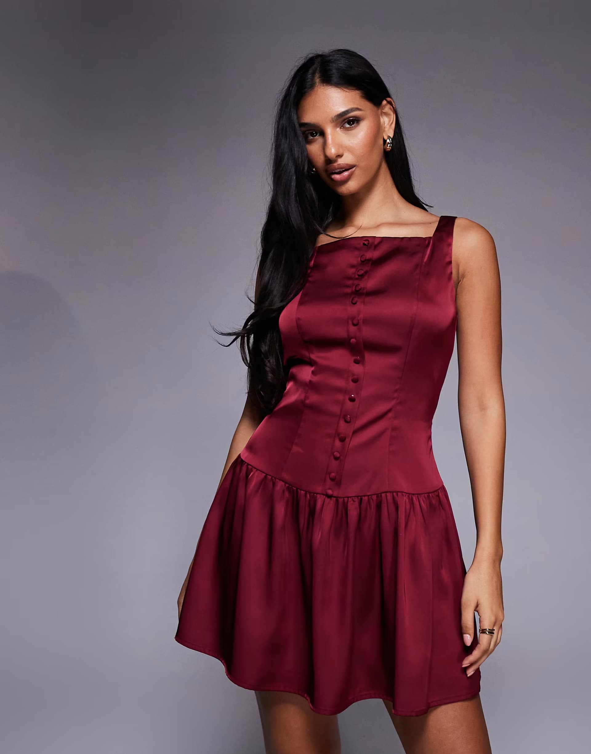 ASOS Kaiia exclusive high square neck button front satin mini dress in burgundy