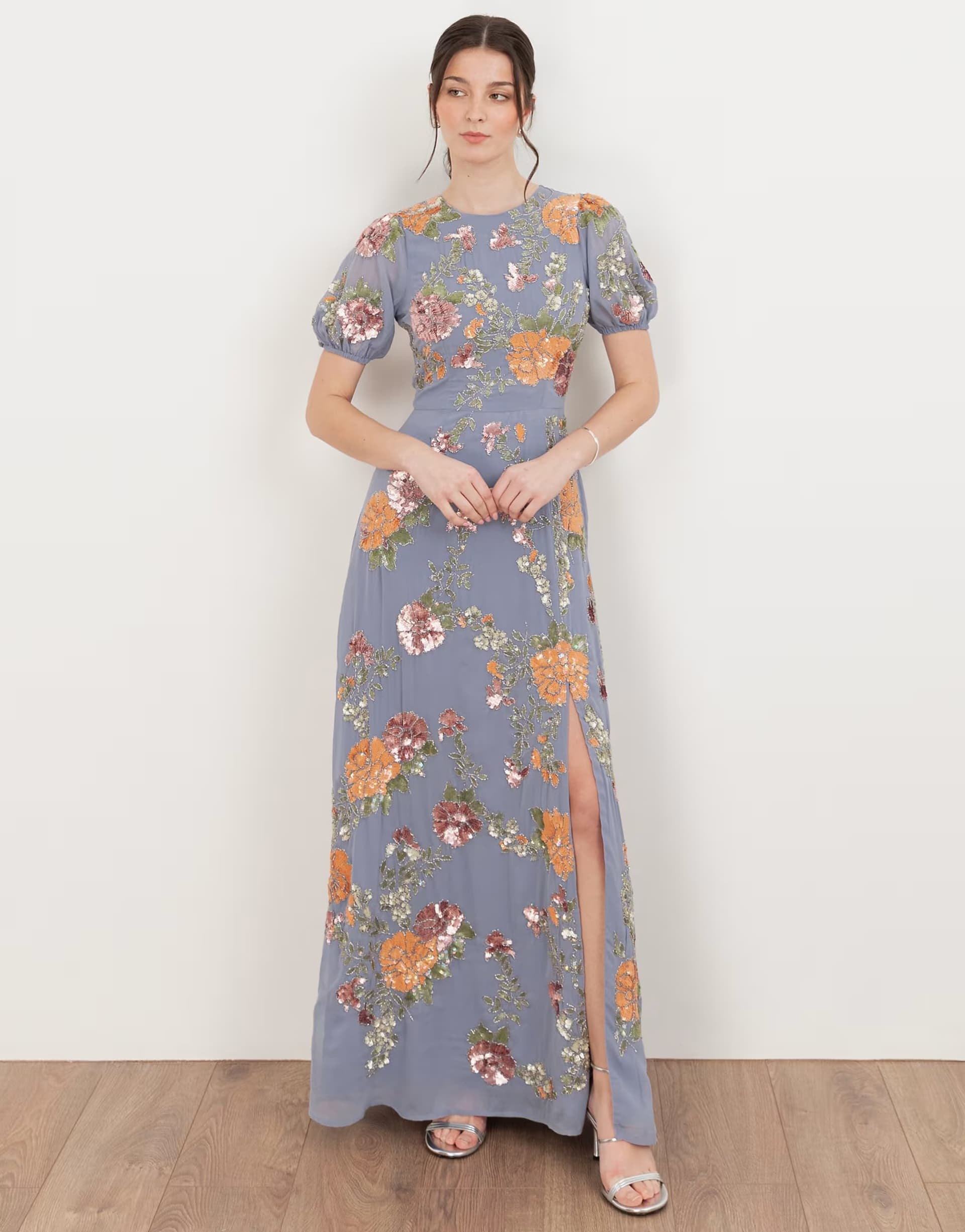 ASOS Maya Embellished puff sleeve open back maxi dress in wisteria blue