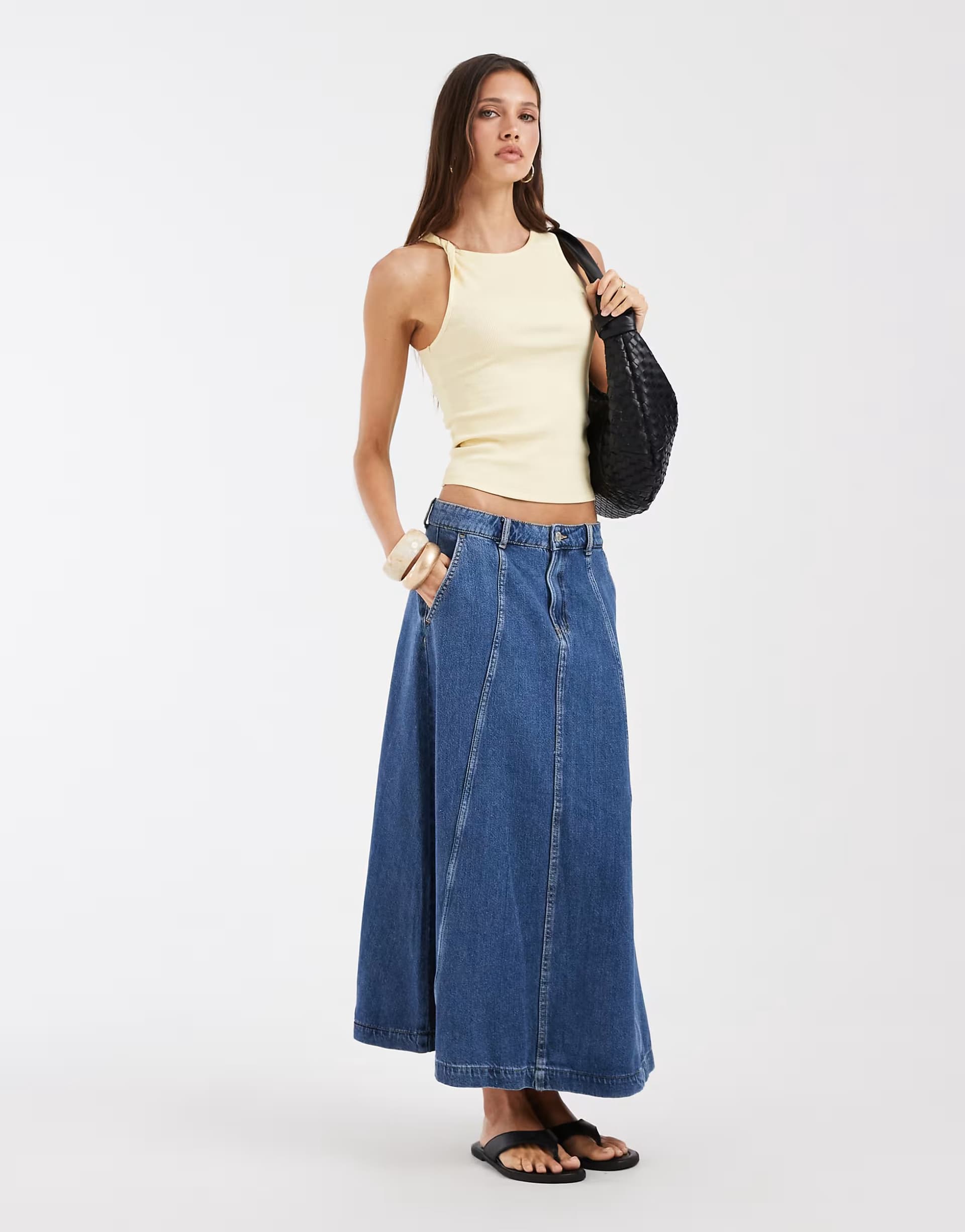 ASOS Vero Moda Seam Detail A-Line Denim Maxi Skirt In Medium Blue