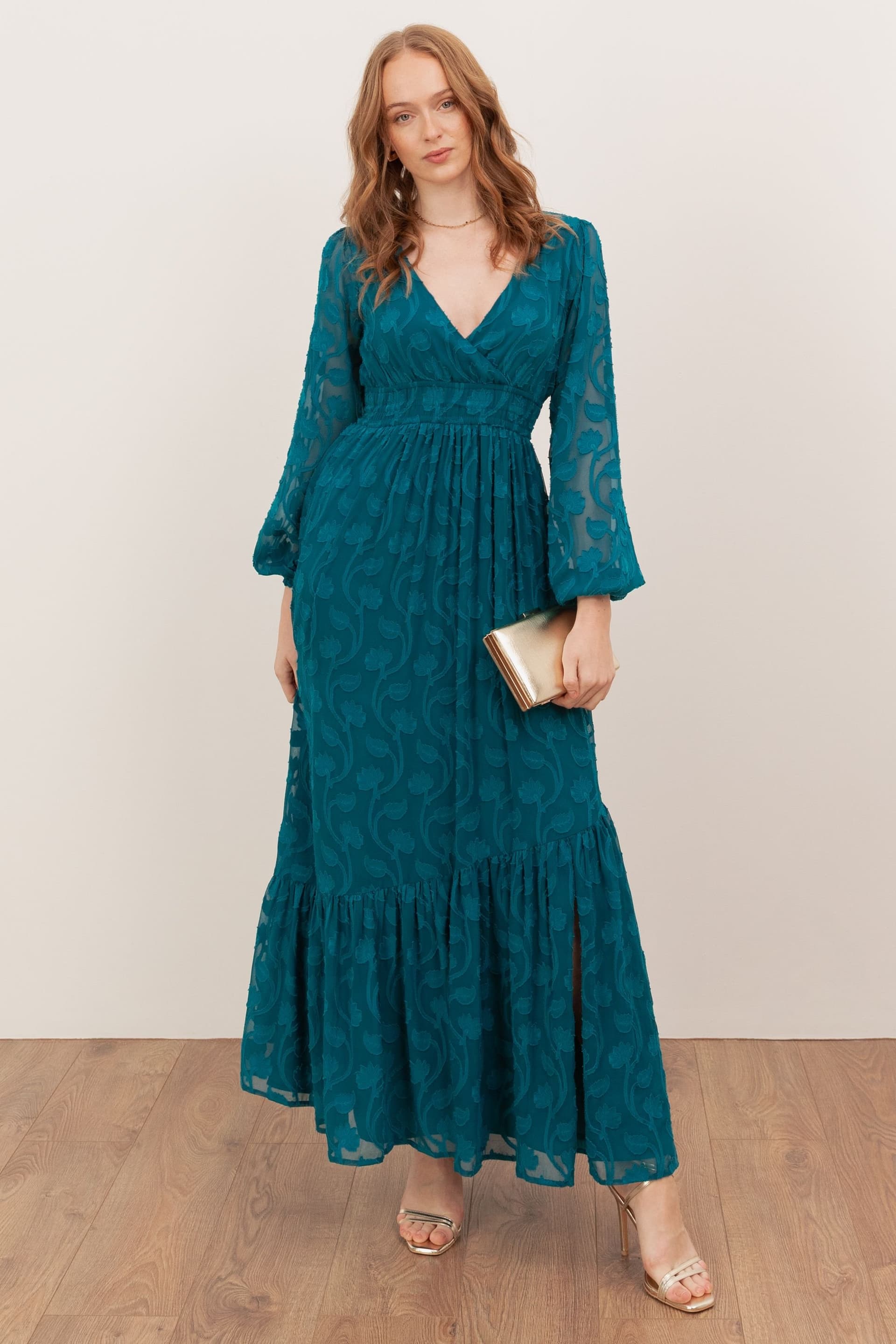 Lovedrobe Lovedrobe Women's Floral Burnout Asymmetric Split Hem Tie Back Maxi Dress in Teal