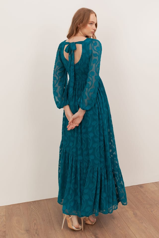 Lovedrobe Lovedrobe Women's Floral Burnout Asymmetric Split Hem Tie Back Maxi Dress in Teal - 2