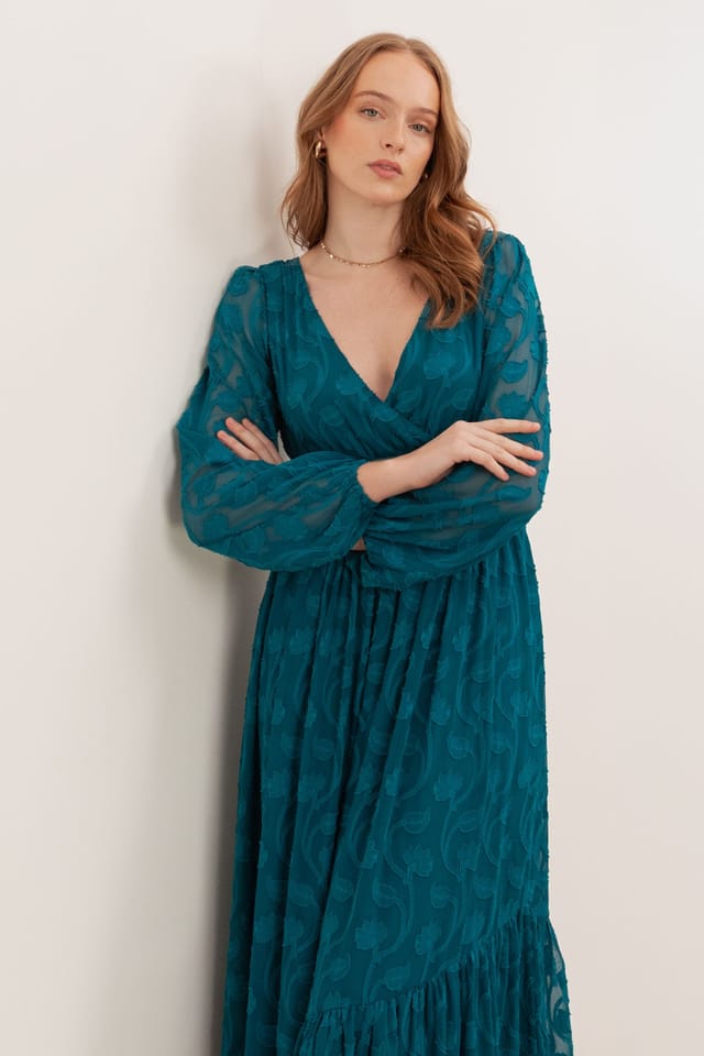 Lovedrobe Lovedrobe Women's Floral Burnout Asymmetric Split Hem Tie Back Maxi Dress in Teal - 3