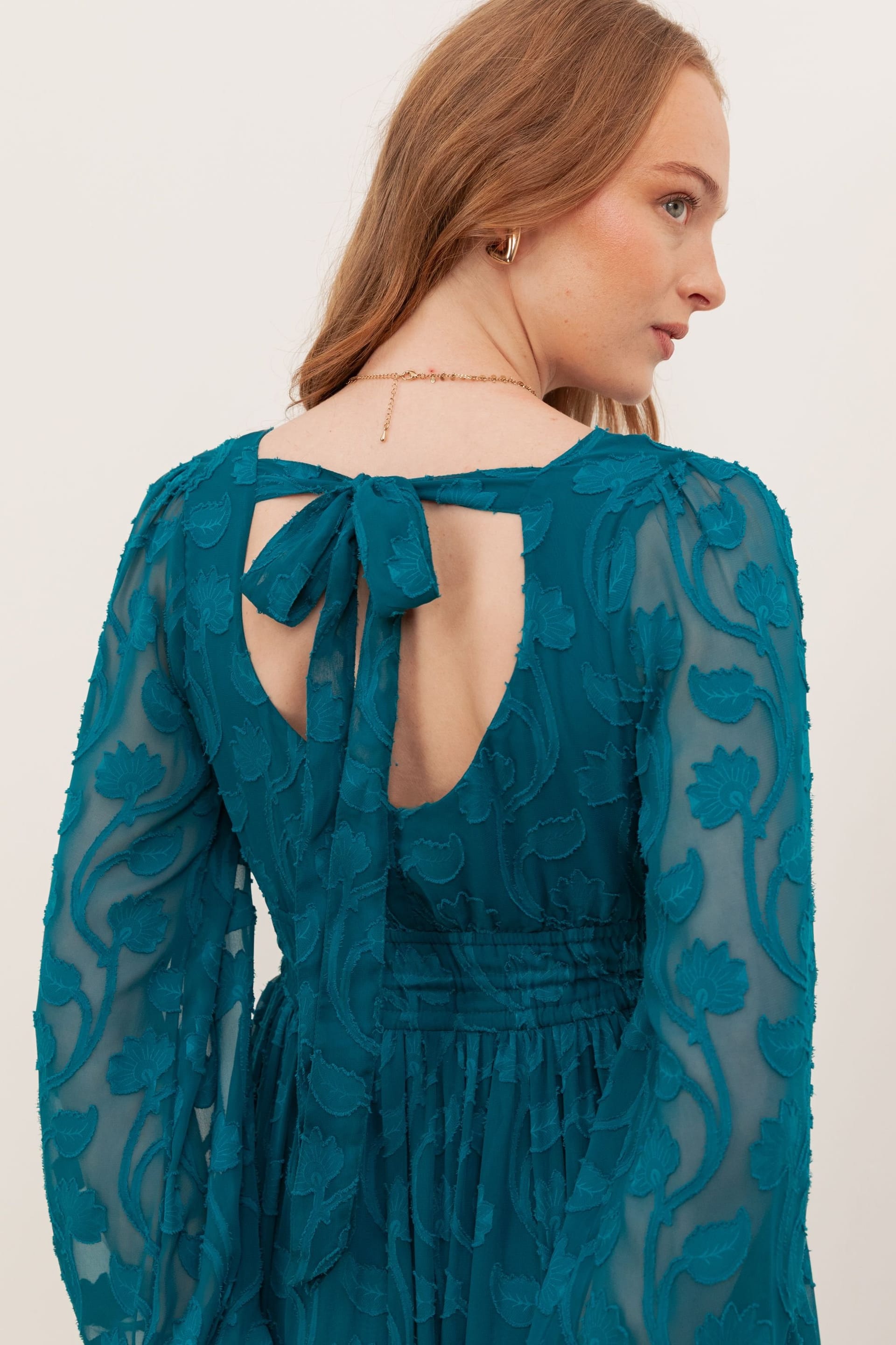 Lovedrobe Lovedrobe Women's Floral Burnout Asymmetric Split Hem Tie Back Maxi Dress in Teal - 4