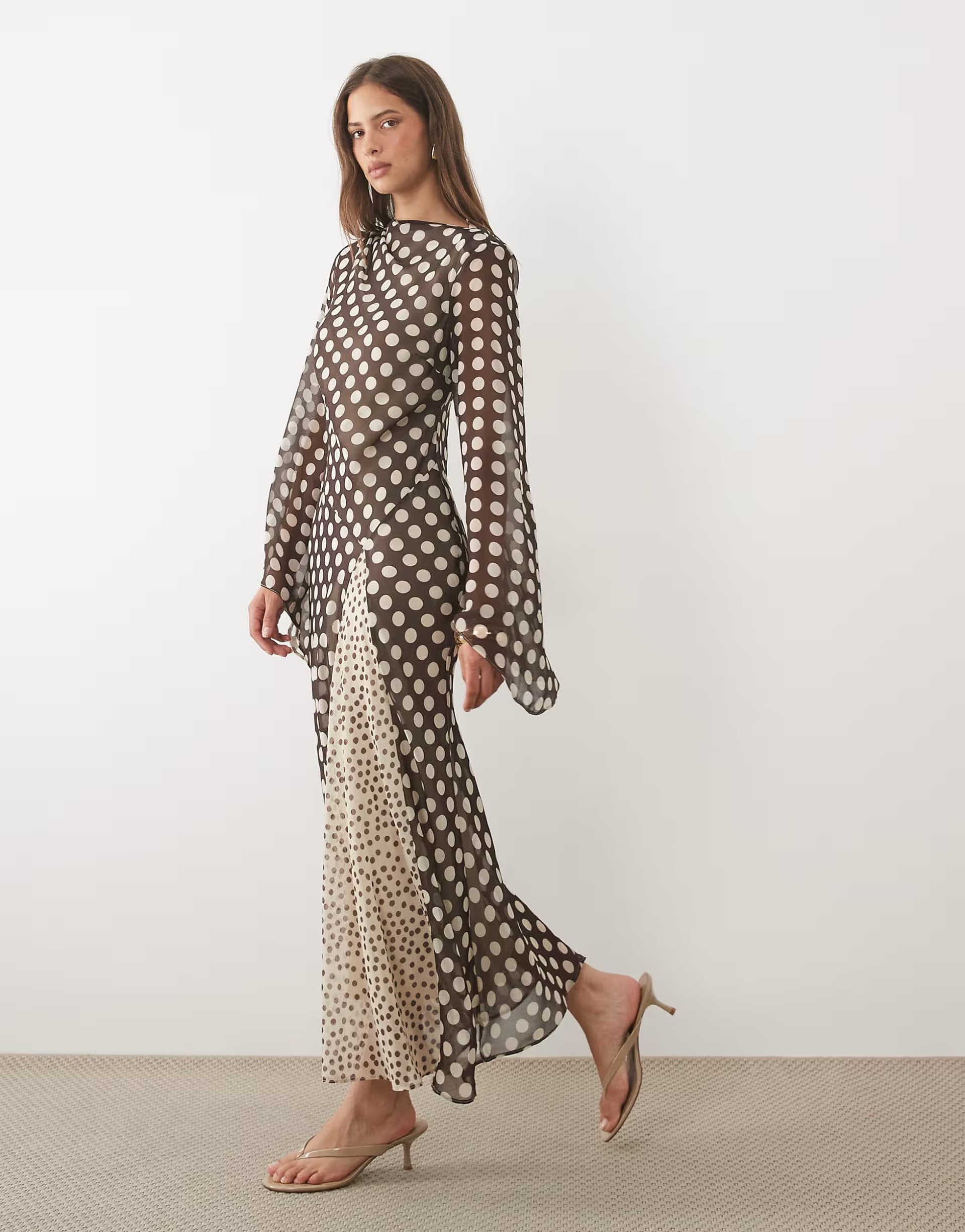 ASOS ASOS DESIGN slash neck chiffon maxi dress in brown spot
