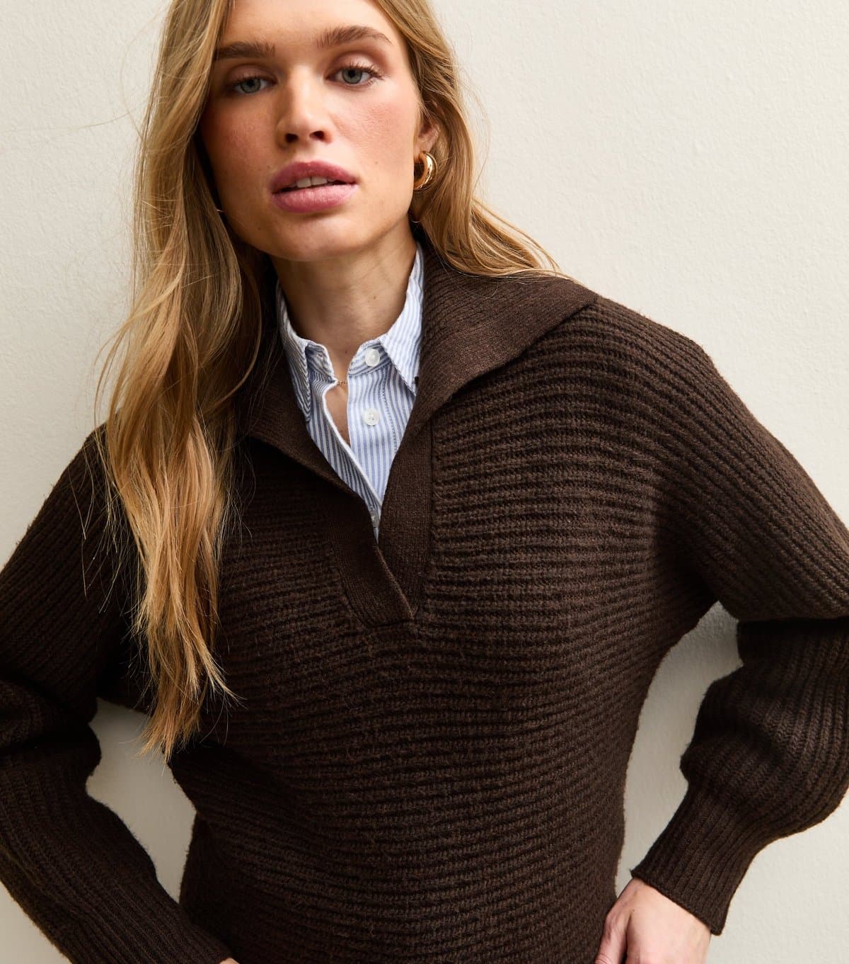 New Look Women's Dark Brown Stitchy Polo Batwing Jumper New Look