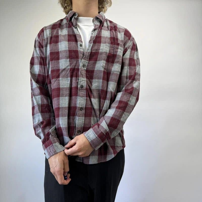Vintage America Blues Vintage Flannel Shirt Burgundy Plaid Check Mens Large Long Sleeve Checkered Casual