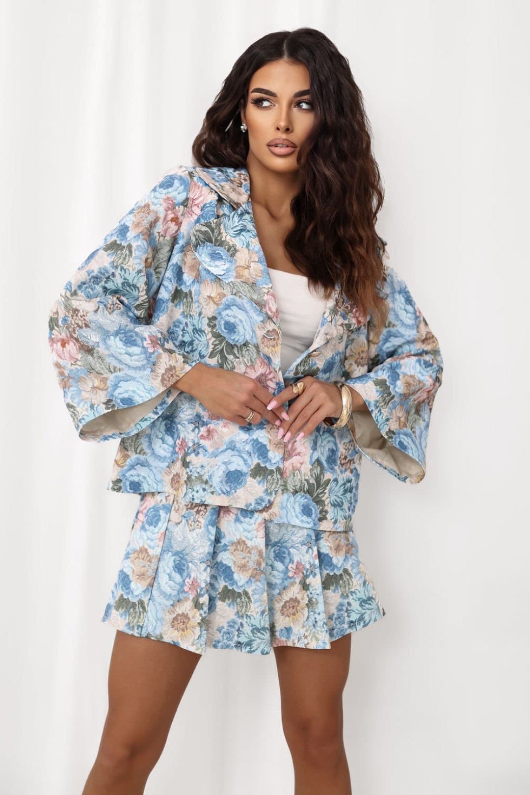 Love Lace Love Lace Women's Floral Print Tailored Blazer 3/4 Sleeve in Blue
