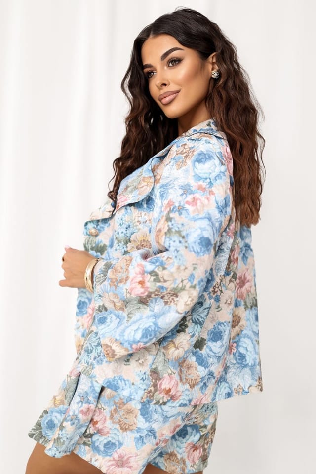 Love Lace Love Lace Women's Floral Print Tailored Blazer 3/4 Sleeve in Blue - 3