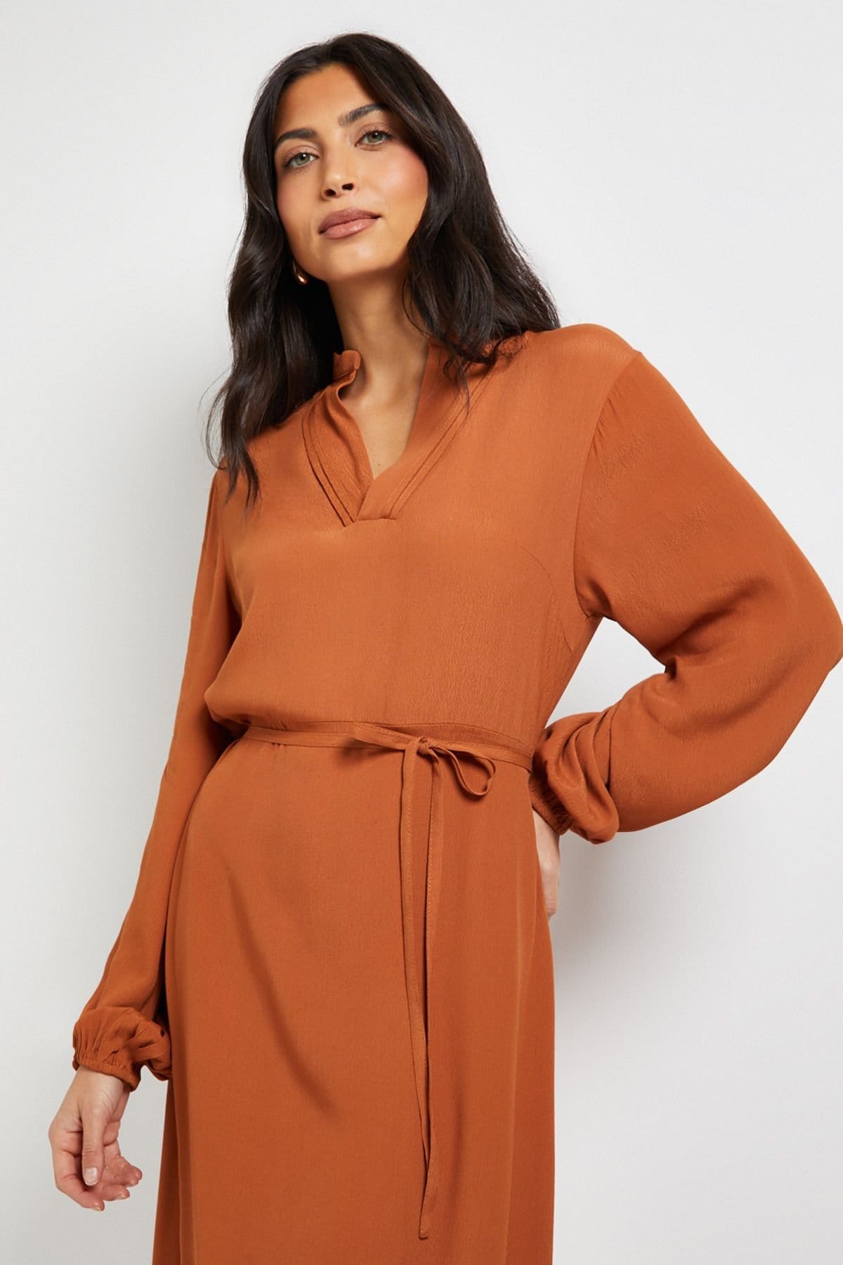 Wallis Wallis Women's Viscose Seam Detail Collarless Midi Dress in Rust - 2