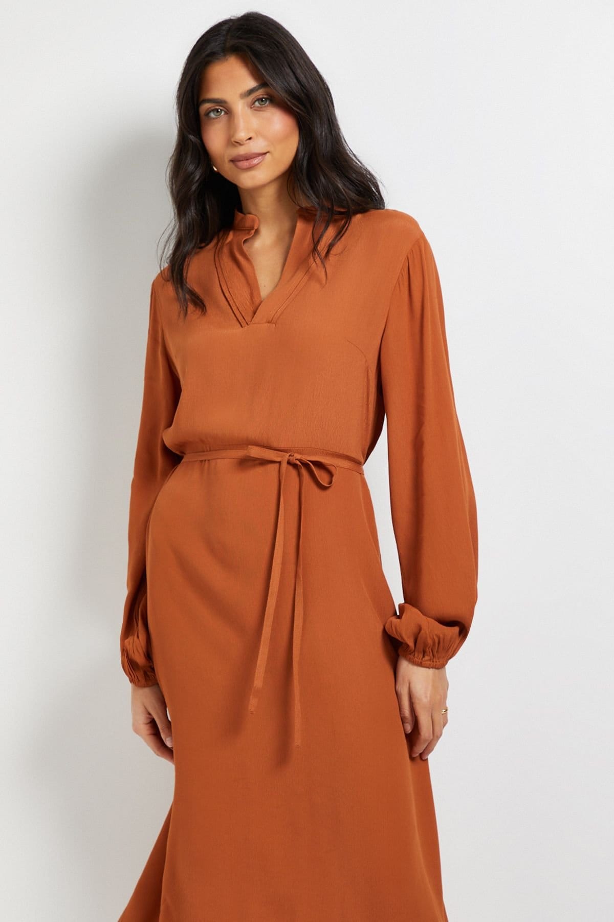 Wallis Wallis Women's Viscose Seam Detail Collarless Midi Dress in Rust - 4