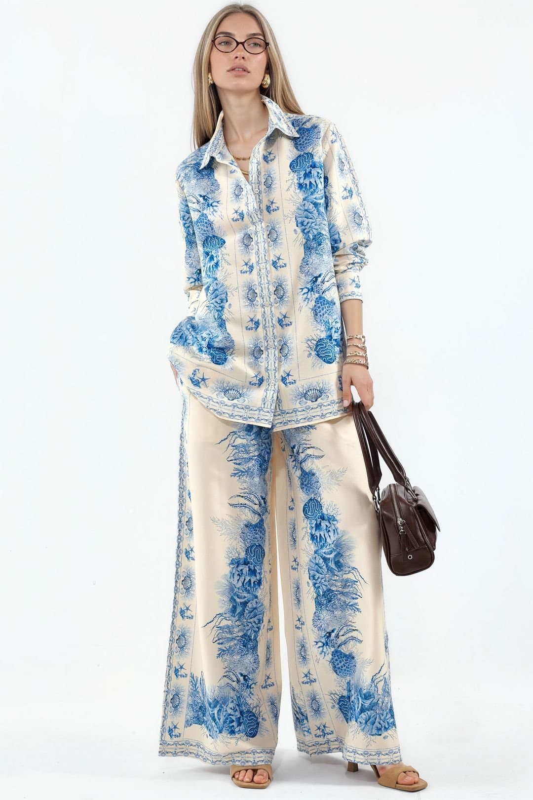 MSN Collection MSN Collection Women's Floral Shirt & Wide-Leg Trousers Set