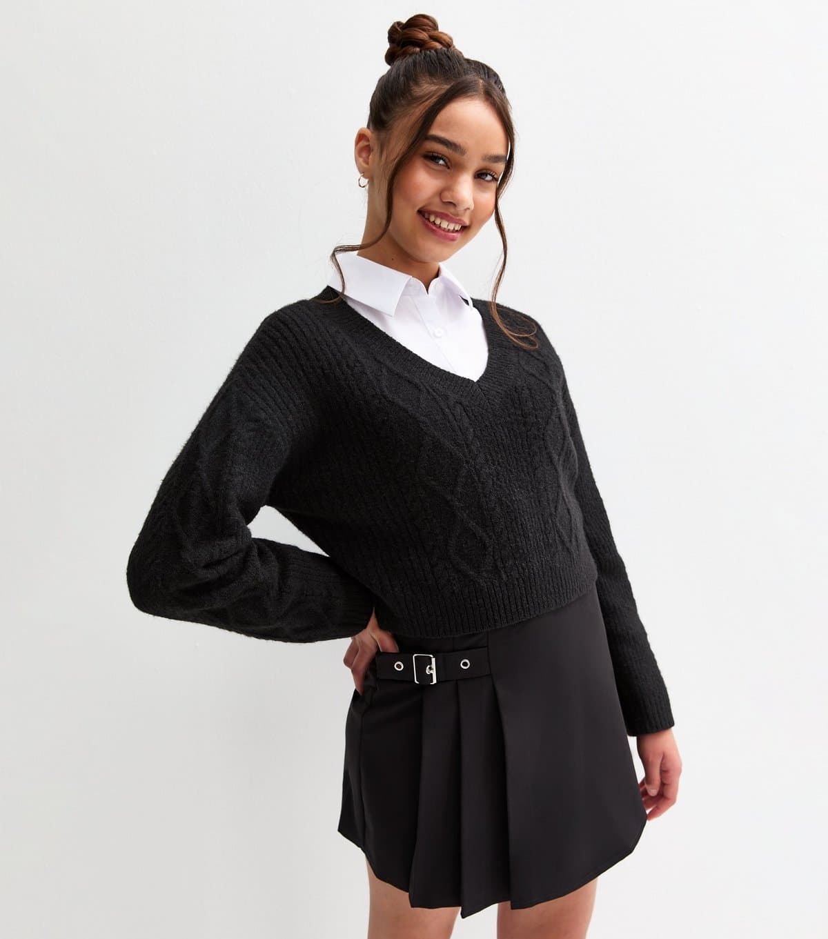 New Look Girls' Black Cable Knit V Neck School Jumper New Look