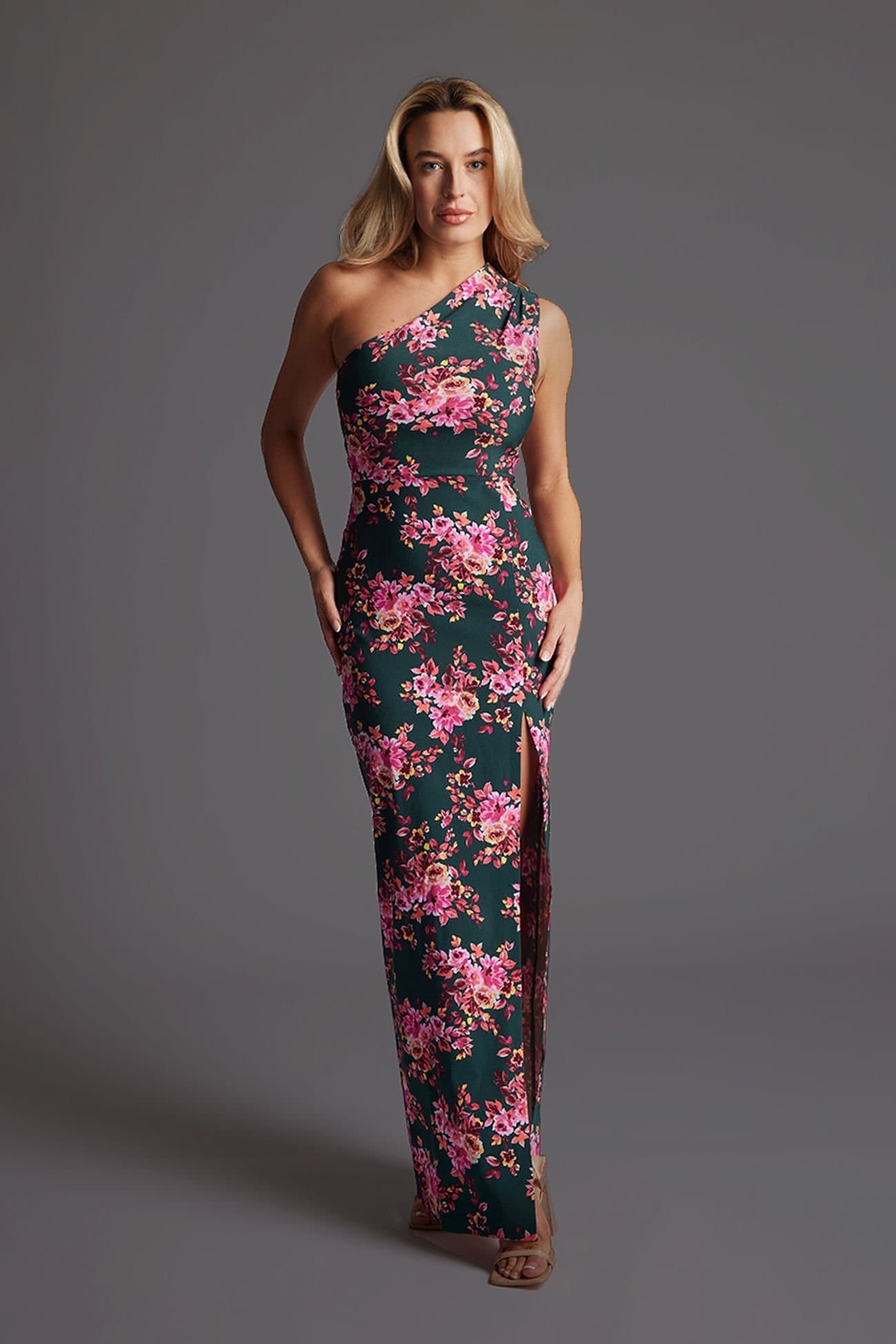 Vesper Vesper Women's One Shoulder Thigh Split Maxi Dress in Green Floral in Dark Green