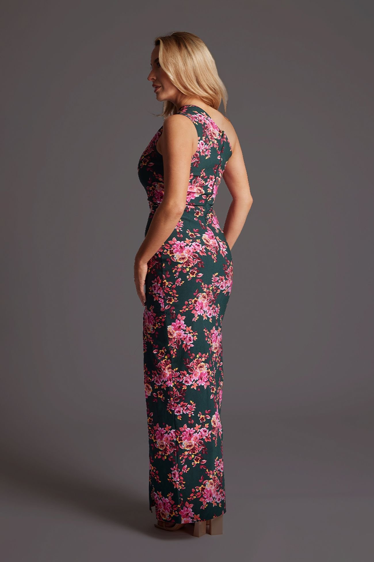 Vesper Vesper Women's One Shoulder Thigh Split Maxi Dress in Green Floral in Dark Green - 3