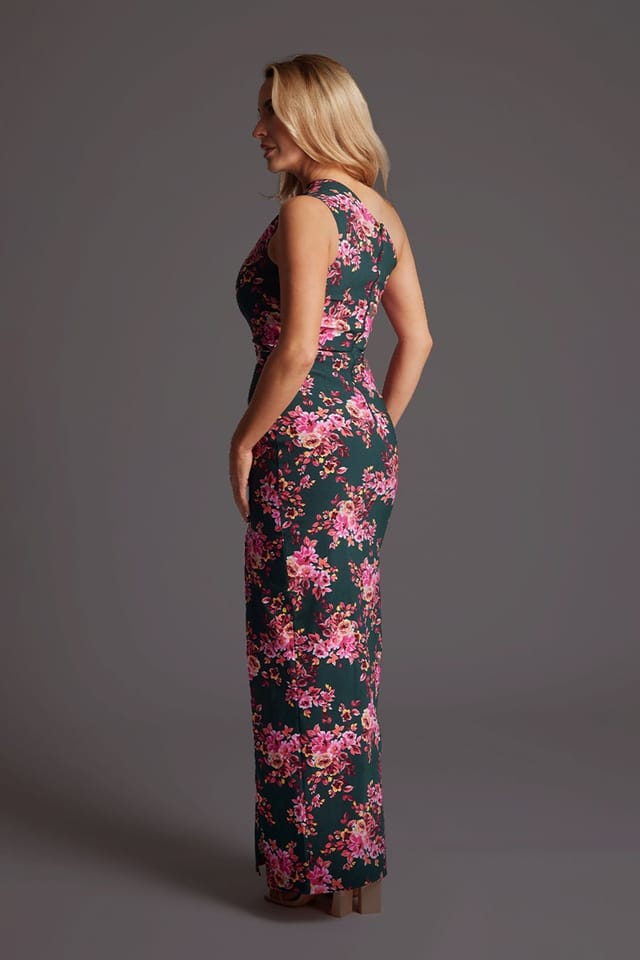 Vesper Vesper Women's One Shoulder Thigh Split Maxi Dress in Green Floral in Dark Green - 3