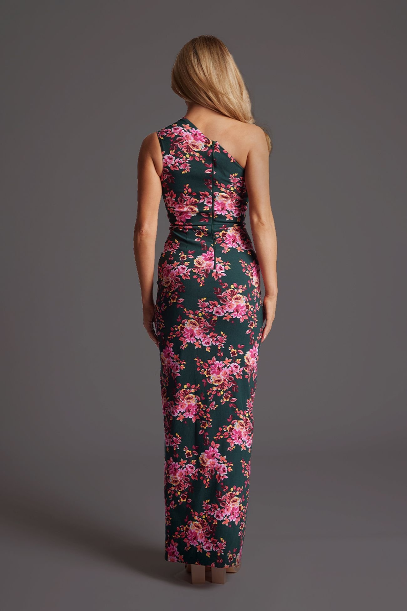 Vesper Vesper Women's One Shoulder Thigh Split Maxi Dress in Green Floral in Dark Green - 4