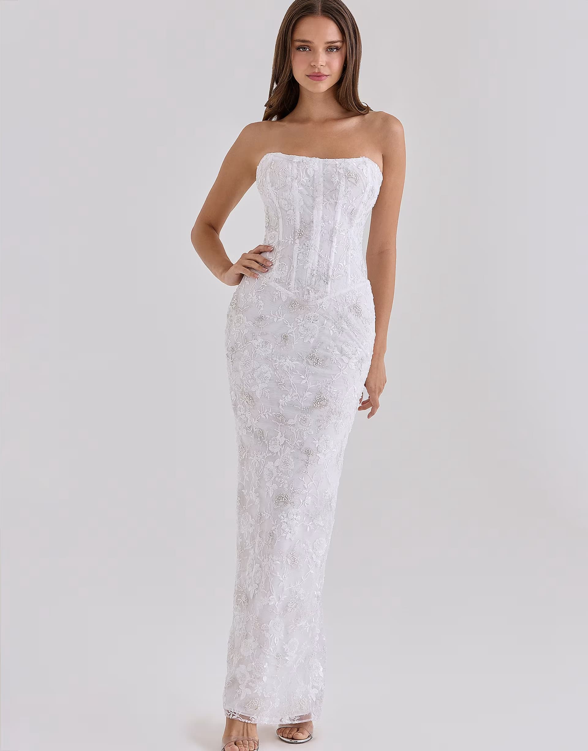 ASOS House of CB Anisa white hand beaded embellished strapless maxi dress in white