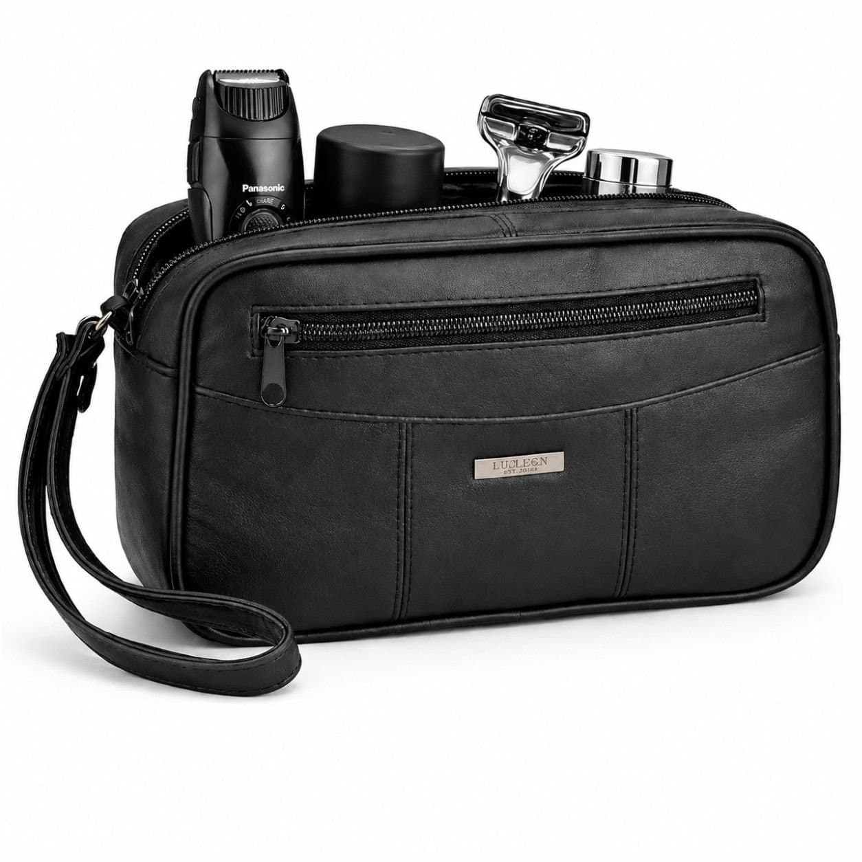 Woodland Leathers Woodland Leathers Men's Leather Wash Bag, Compact Travel Toiletry Bag in Black