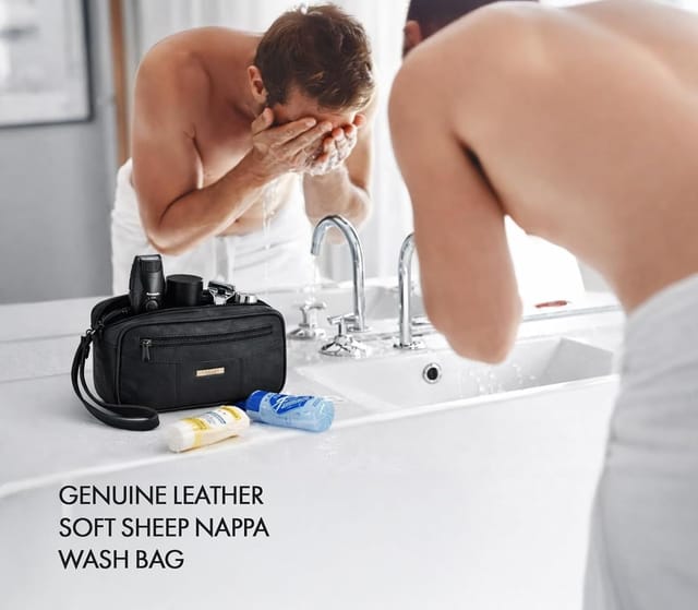 Woodland Leathers Woodland Leathers Men's Leather Wash Bag, Compact Travel Toiletry Bag in Black - 2