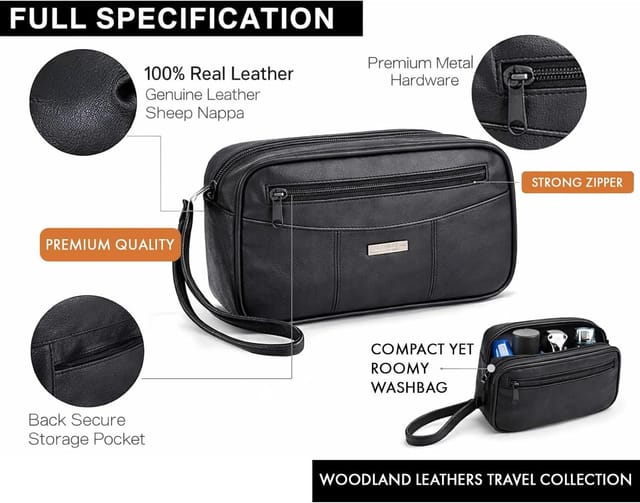 Woodland Leathers Woodland Leathers Men's Leather Wash Bag, Compact Travel Toiletry Bag in Black - 3