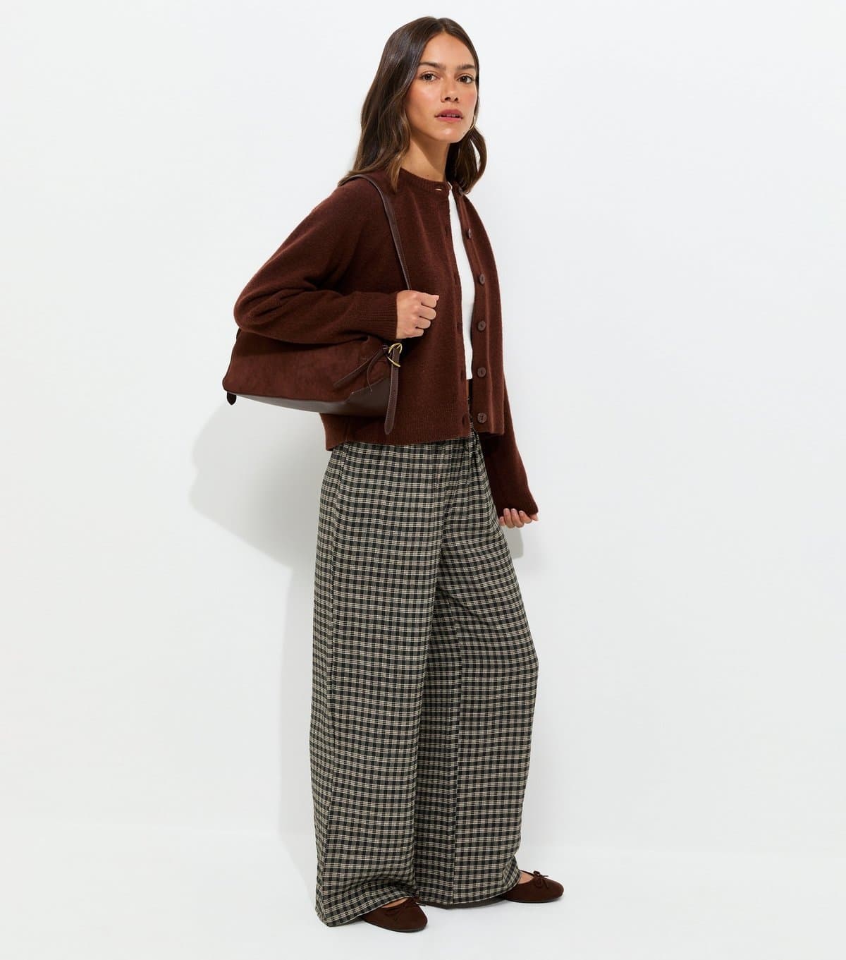 New Look Women's Petite Blue Check Pattern Wide Leg Trousers New Look
