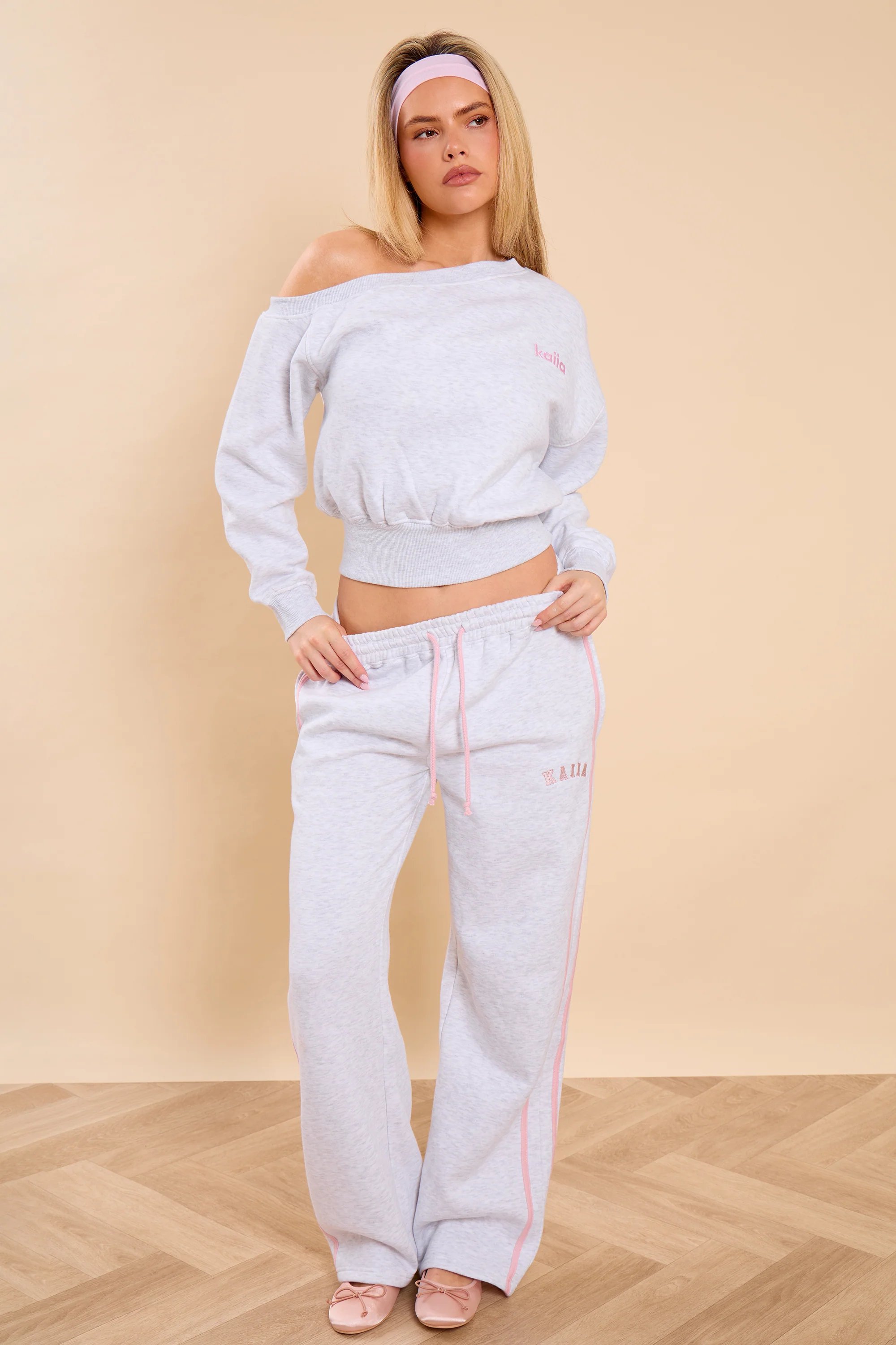 Kaiia Kaiia Off the Shoulder Sweatshirt Light Grey Marl & Pink Sugar - 3