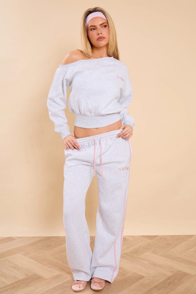 Kaiia Kaiia Off the Shoulder Sweatshirt Light Grey Marl & Pink Sugar - 3