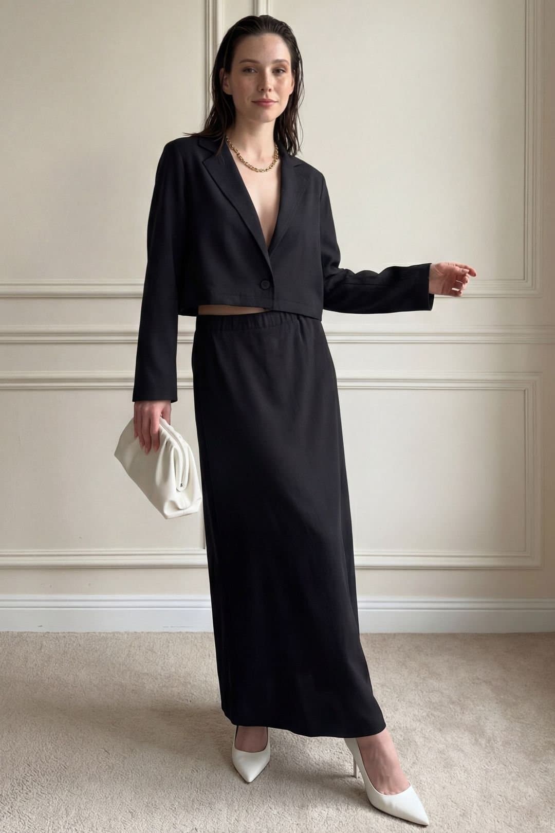 MyFashion MyFashion Women's Long Sleeve Buttoned Top & Maxi Skirt Two Piece Set in Black