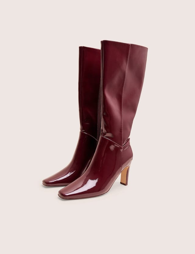 Public Desire Pose Burgundy Hi Shine Zip Up Knee High Slim Block Heeled Boots - 2