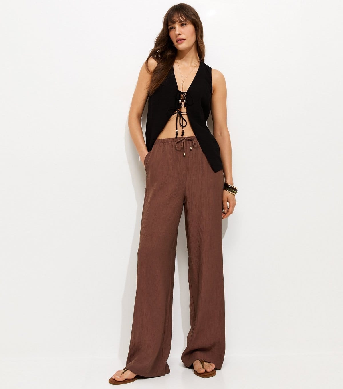 New Look Dark Brown Crinkle Texture Wide Leg Trousers
