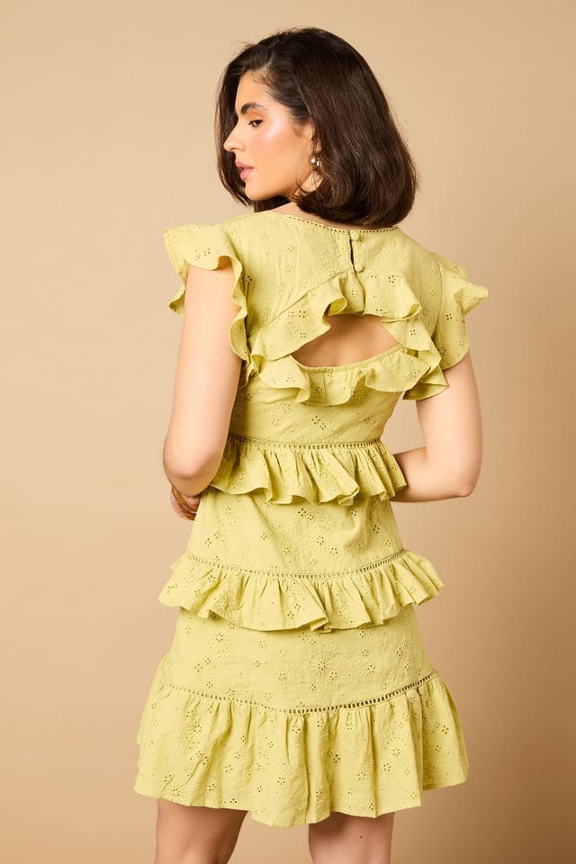 Oasis Oasis Women's Ruffle Broderie Mini Dress in Olive - 3