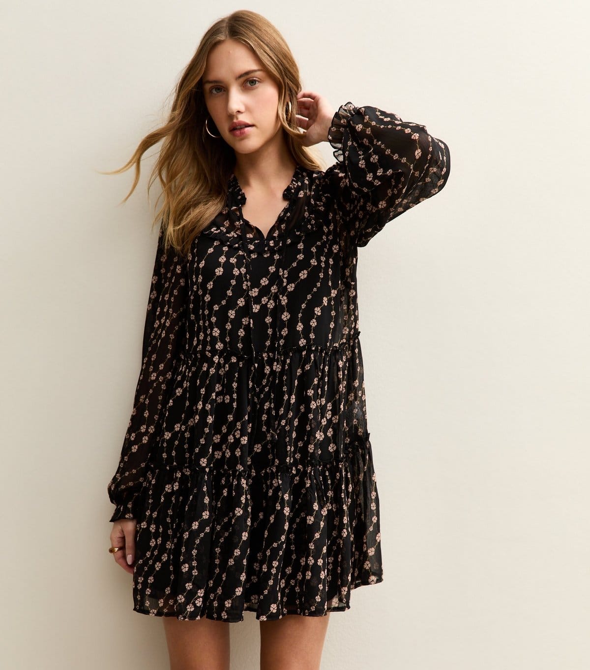 New Look Women's Black Floral Chiffon Ruffle Tiered Mini Dress New Look - 4