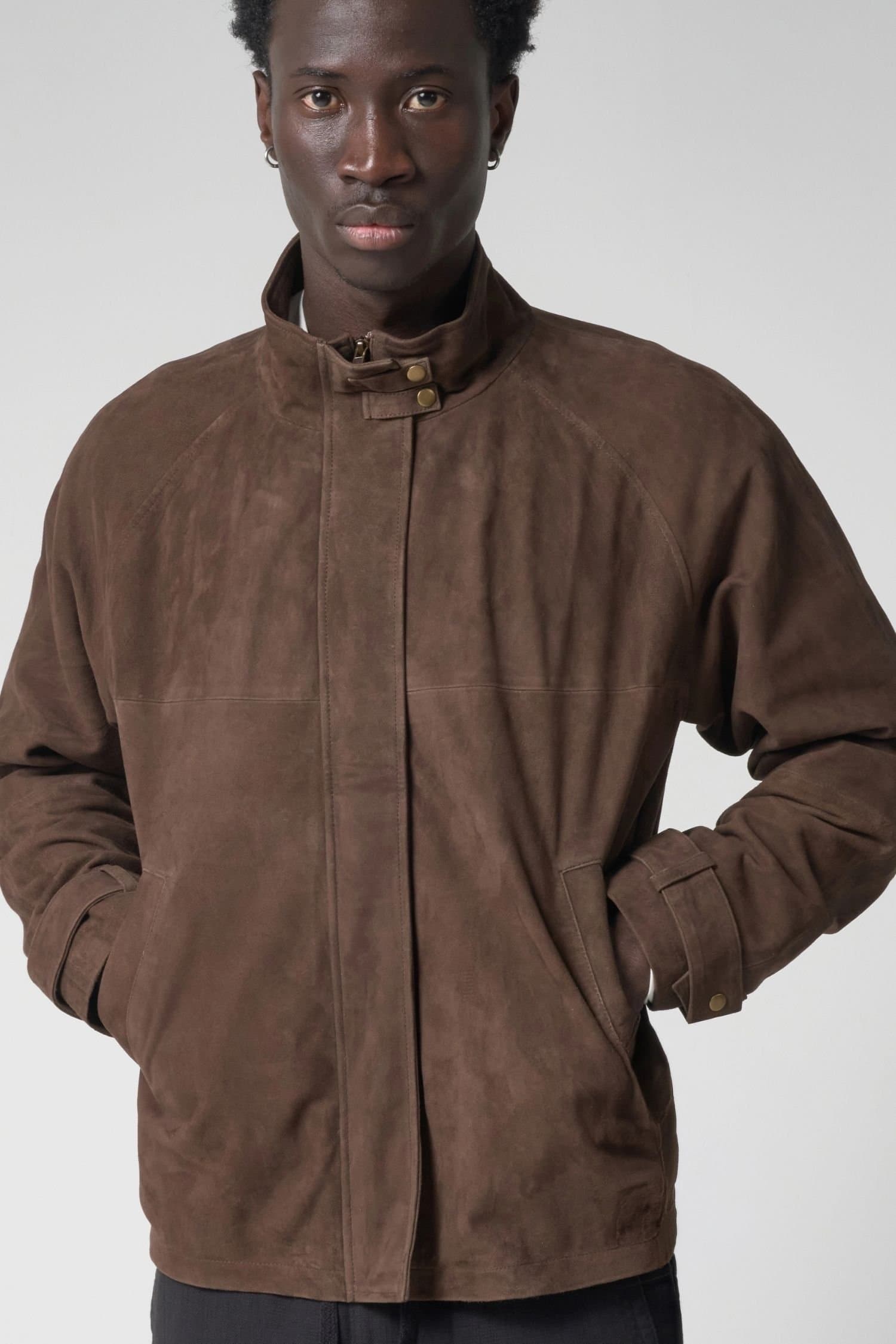 Barneys Originals Barneys Originals Men's Chocolate Suede Funnel Neck Jacket in Brown