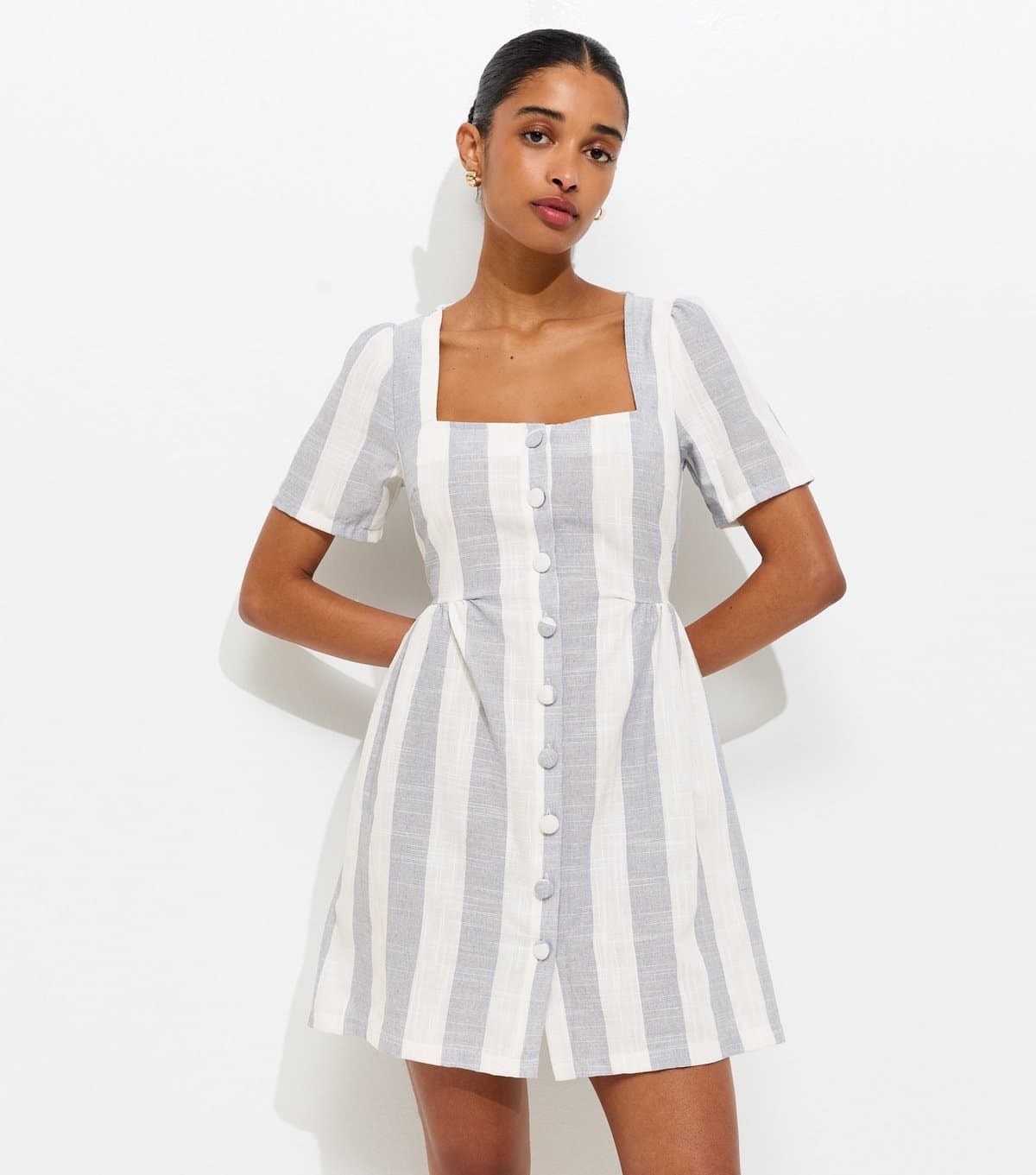 New Look Women's Blue Sailor Stripe Square Neck Button Up Mini Dress New Look