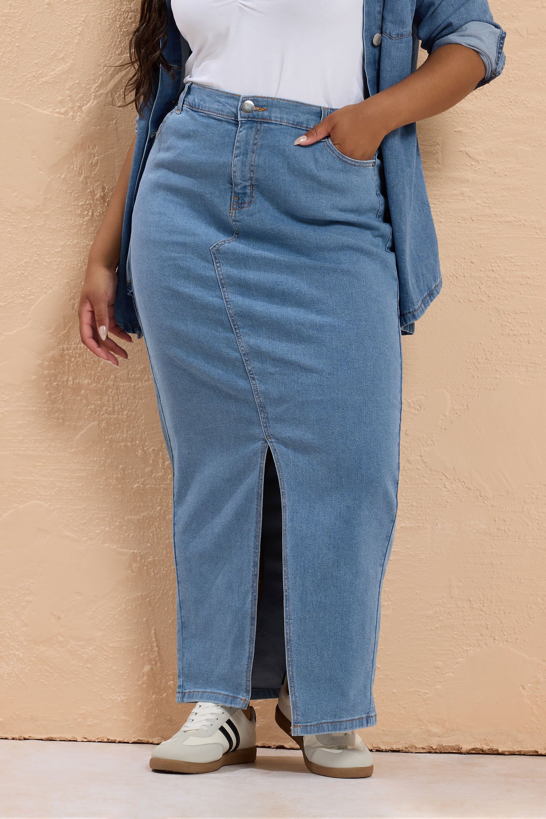 Yours Plus Size Blue Stretch Denim Maxi Skirt