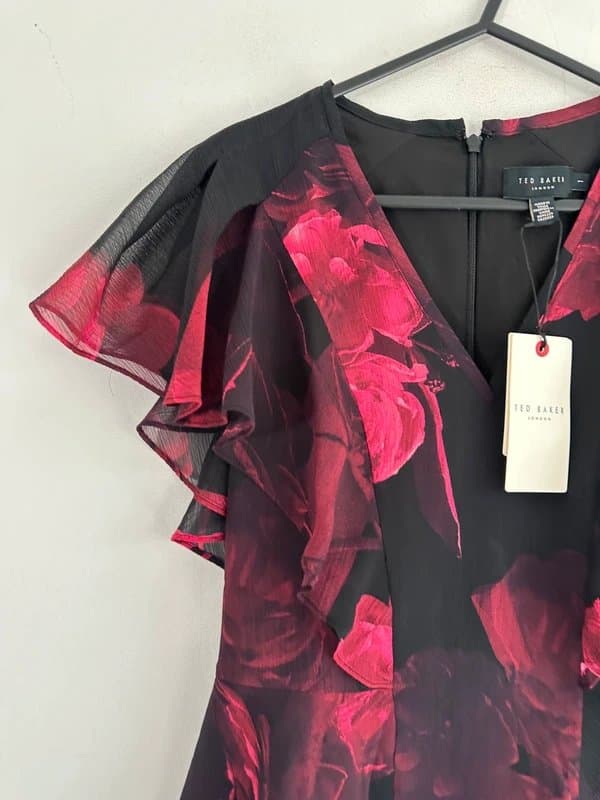 Ted Baker Ted baker £110 UK 8 size 1 peplum blouse top black pink burgundy floral chiffon new