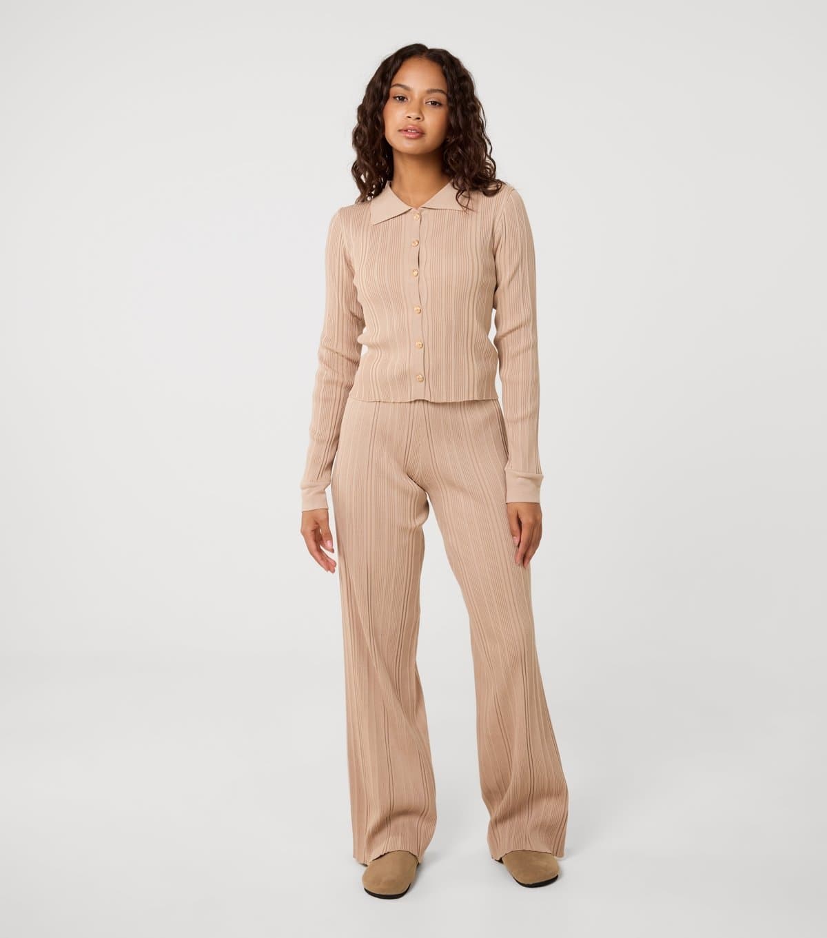 Pink Vanilla Pink Vanilla Light Brown Textured Shirt and Trousers Set