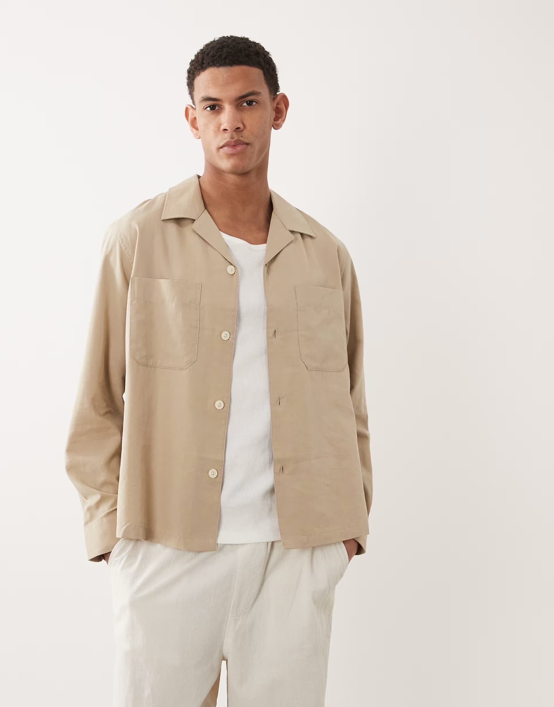 ASOS Mango cotton mix button up light wieght shacket in beige