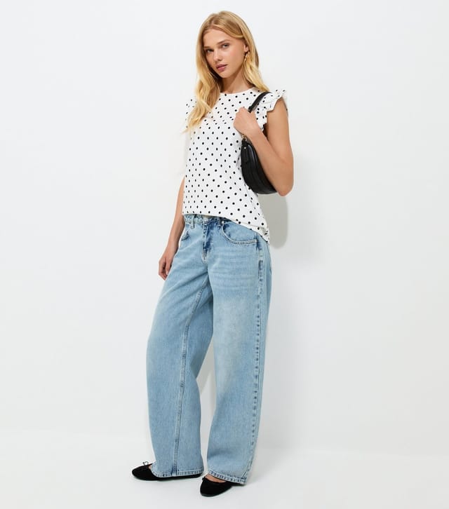 New Look Women's White Cotton Polka Dot Ruffled Sleeve T-Shirt New Look - 2